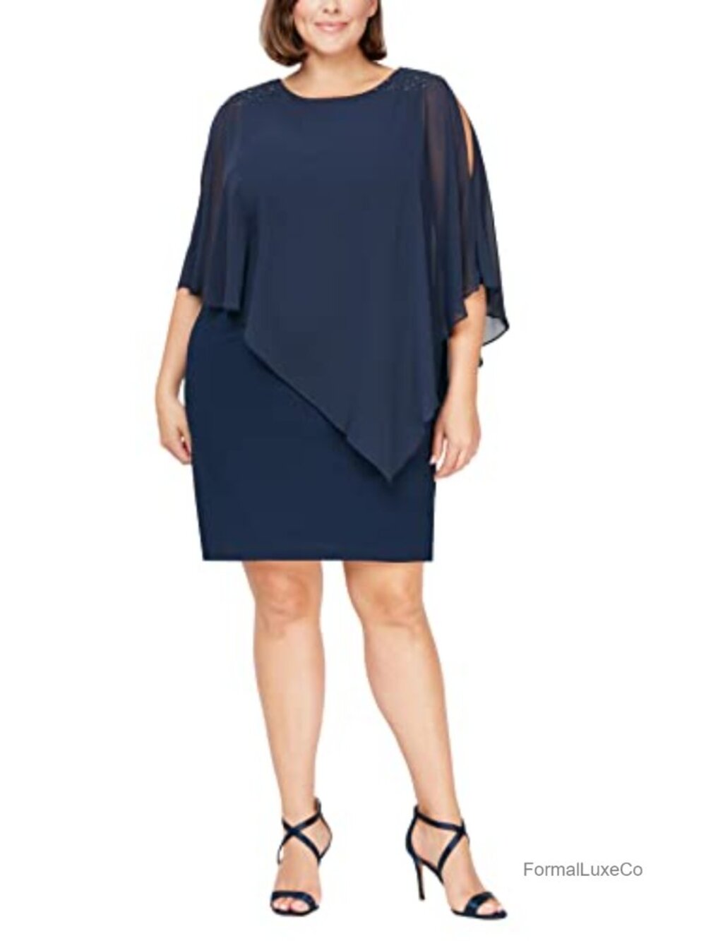 Plus Size Capelet Sheath Dress with Beaded Shoulder Detail, Special Occasion